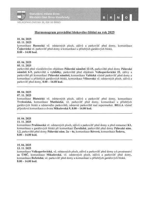 Harmonogram provádění blokového čištění na rok 2025