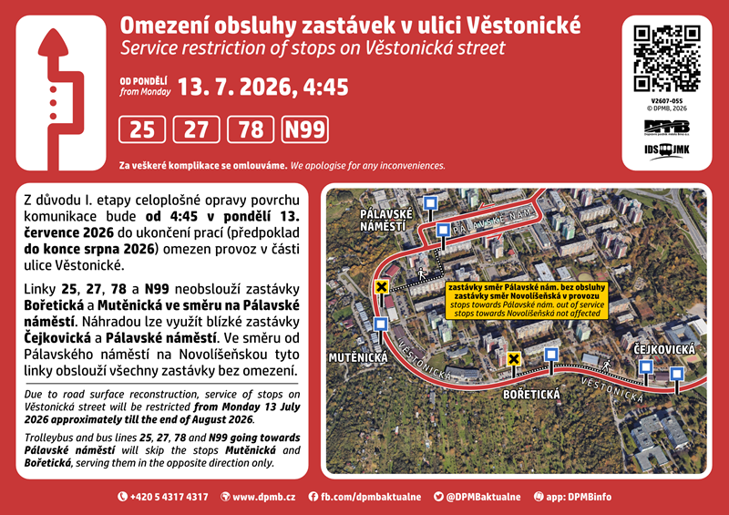 Trolejbusy v opravovaném úseku směr Pálavské náměstí budou projíždět prostředním pruhem a nebudou v tomto směru moci zastavovat na zastávce Bořetická a Mutěnická
