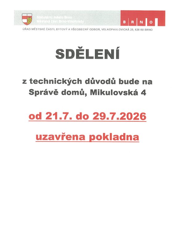 Sdělení - uzavření pokladny od 21. 7. - do 29.7.2026.
